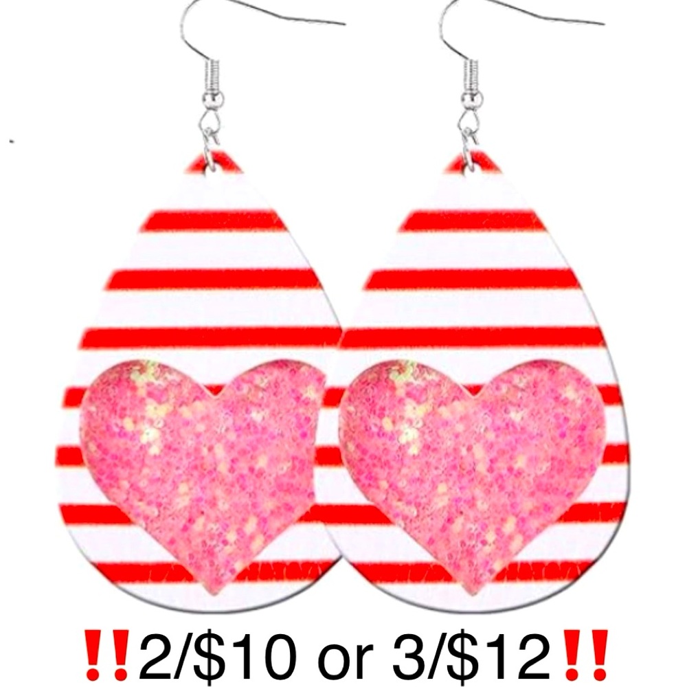 Heart Earrings Red White Pink Glitter Striped Faux Leather Valentine Earrings